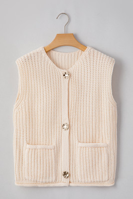 White Solid Textured Knit Side Pockets Buttoned Sweater Vest PACK274085-P101