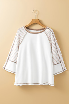 White Striped Bracelet Sleeve Raglan Patchwork Top PACK25129487-P1