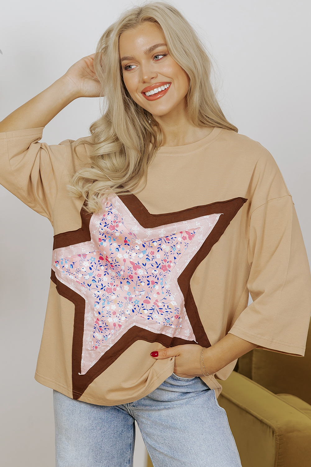 Camel Floral Star Patchwork 3/4 Long Sleeve Top