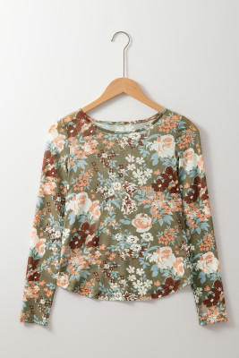 Green Floral Print Mesh Fitted Long Sleeve Top PACK25129958-P920