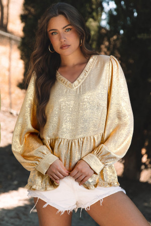 Gold Metallic Frilled V Neck Puff Sleeve Babydoll Blouse PACK25129163-P12
