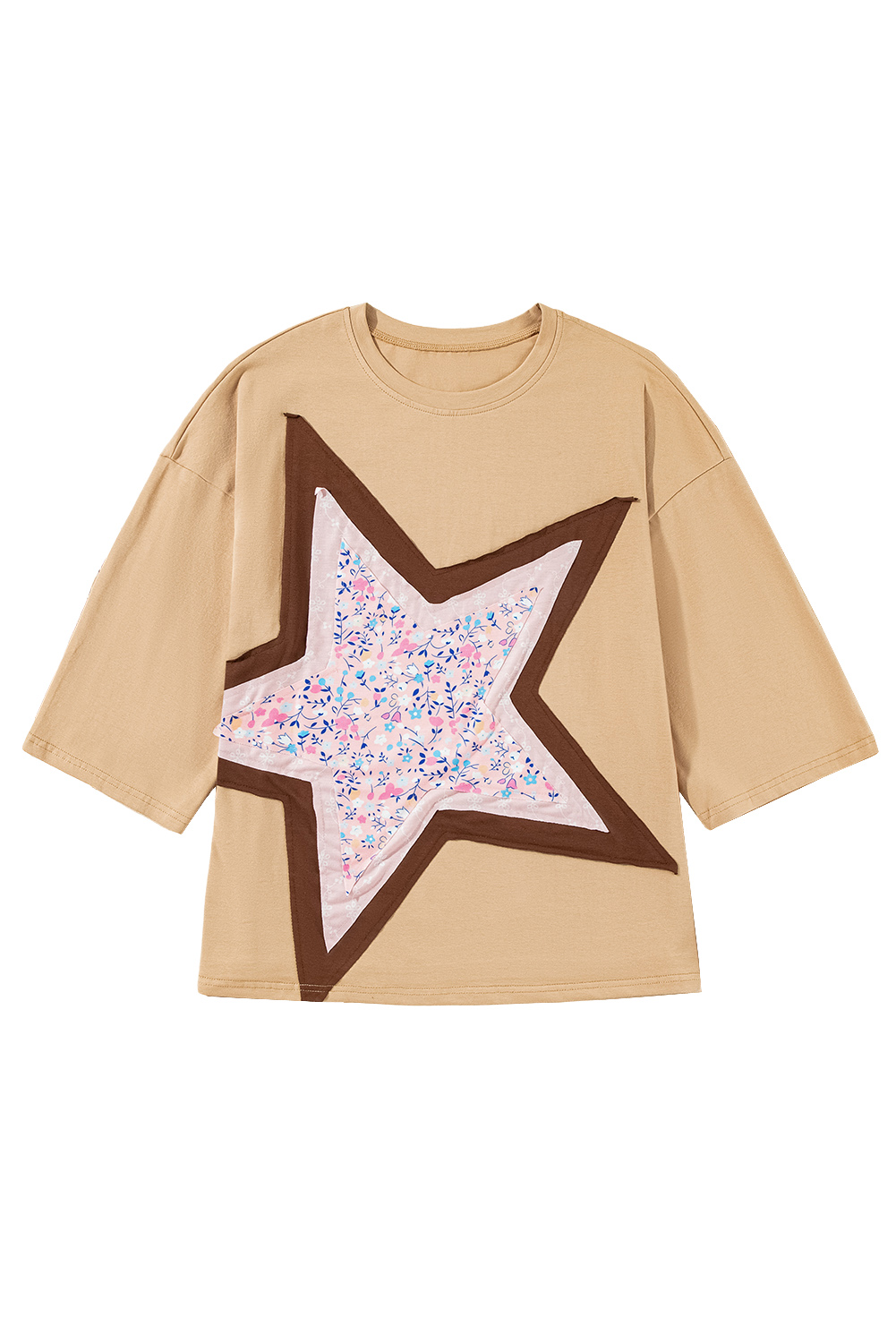 Camel Floral Star Patchwork 3/4 Long Sleeve Top