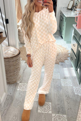 Beige Checkered Print Long Sleeve Top and Pants Lounge Set PACK151141-P1520