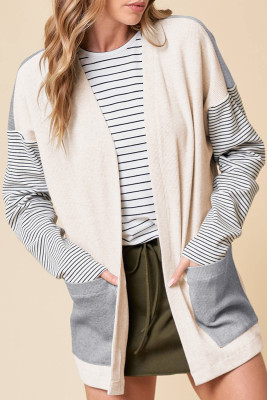 Black Stripe Colorblock Patchwork Open Front Cardigan with Pocket PACK2542565-P219