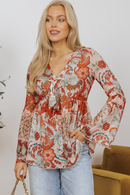 Orange Floral Print Deep V Neck Knot Bell Sleeve Blouse PACK25129890-P1420