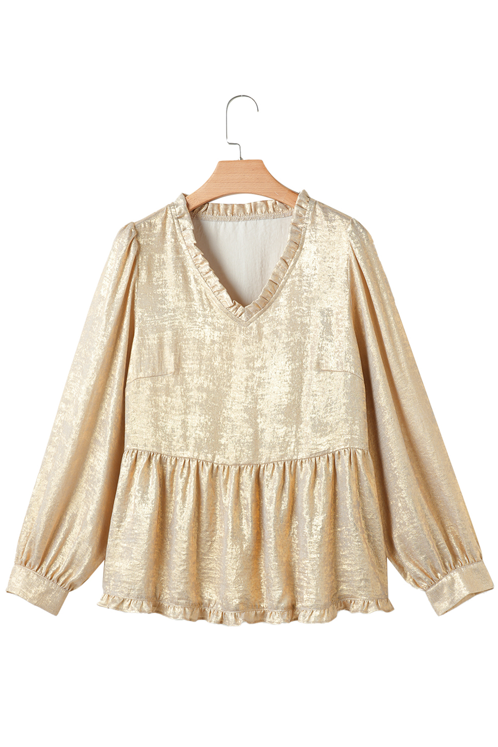 Gold Metallic Frilled V Neck Puff Sleeve Babydoll Blouse