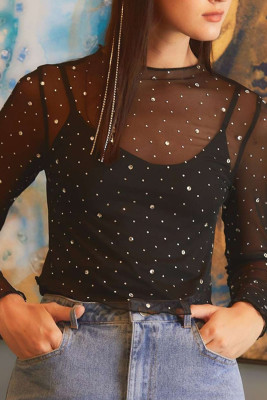 Black Rhinestone Sheer Mesh Slim Fit Long Sleeve Top LC25125092-P2