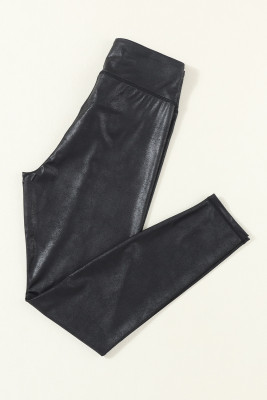 Dearlovers Black Crossed Dip Waist Sleek Leather Leggings LC761401-P2