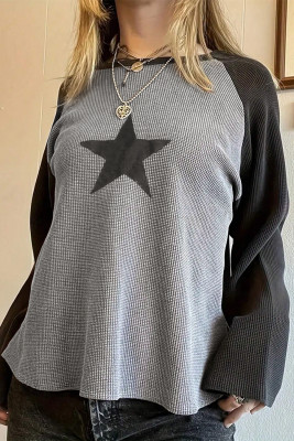 Gray Waffle Knit Colorblock Star Patch Graphic Raglan Top PACK25226590-P6011