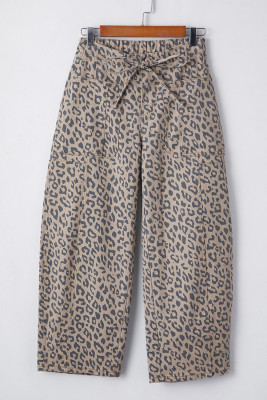 Khaki Leopard Printed Drawstring Elastic Waistband Pocketed Barrel Jeans LC7875229-P1620