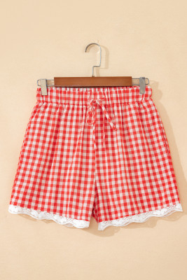 Red Gingham Plaid Tie Elastic Waist Lace Patchwork Hem Casual Shorts LC7311385-P322
