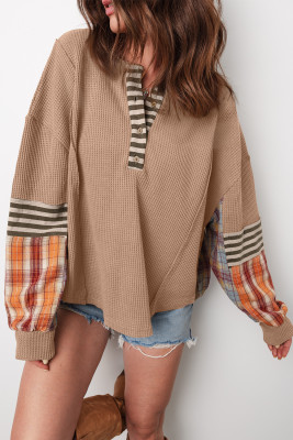 Straw Yellow Waffle Stripe Plaid Patchwork Henley Knit Top LC25133354-P8016