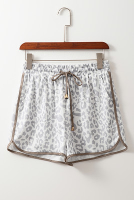 White Leopard Elastic Waistband Lace up Contrast Trim Casual Shorts LC731818-P120