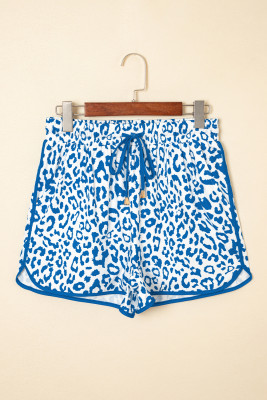 Blue Leopard Elastic Waistband Lace up Contrast Trim Casual Shorts LC731818-P520