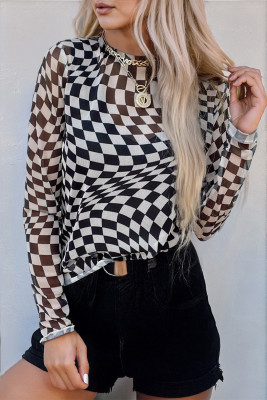 Black Checkered Pattern Mesh Mock Neck Long Sleeve Top LC25226716-P220