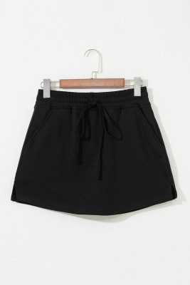 Black French Terry Drawstring Elastic Waistband Mini Skort with Pockets LC731890-P2