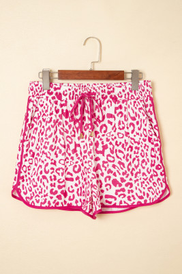 Pink Leopard Elastic Waistband Lace up Contrast Trim Casual Shorts LC731818-P1020
