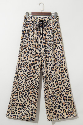 Parchment Leopard Drawstring Elastic Waistband Flowy Wide Leg Pants LC7713497-P6016