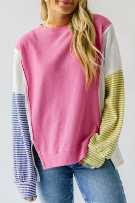 Sachet Pink Exposed Seam Striped Color Block Patchwork Long Sleeve Top PACK25129357-P406