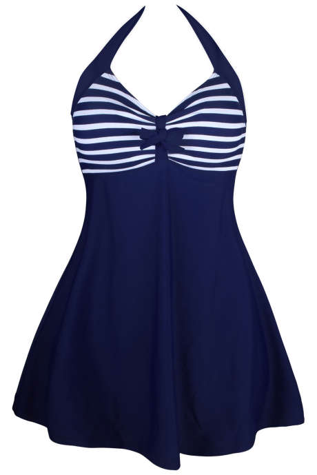Swimdress a costine blu scuro a righe bianche