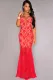 Fiery Red Lace Nude Illusion Crisscross Back Prom Dress