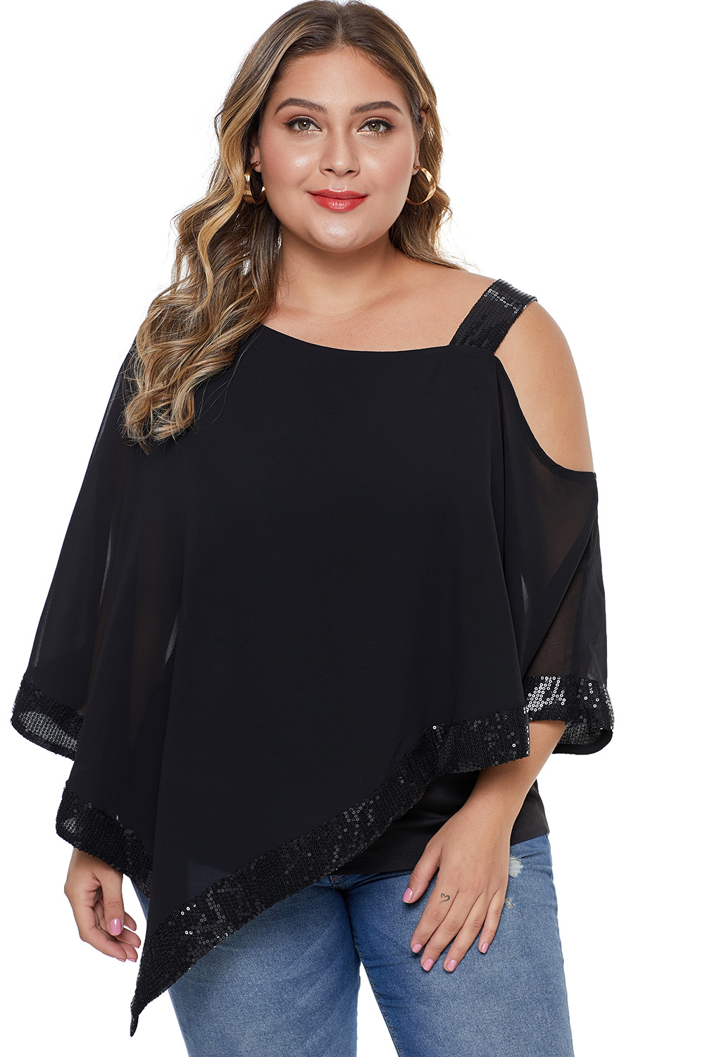 $7.5 Black Asymmetric Cold Shoulder Plus Size Blouse Wholesale