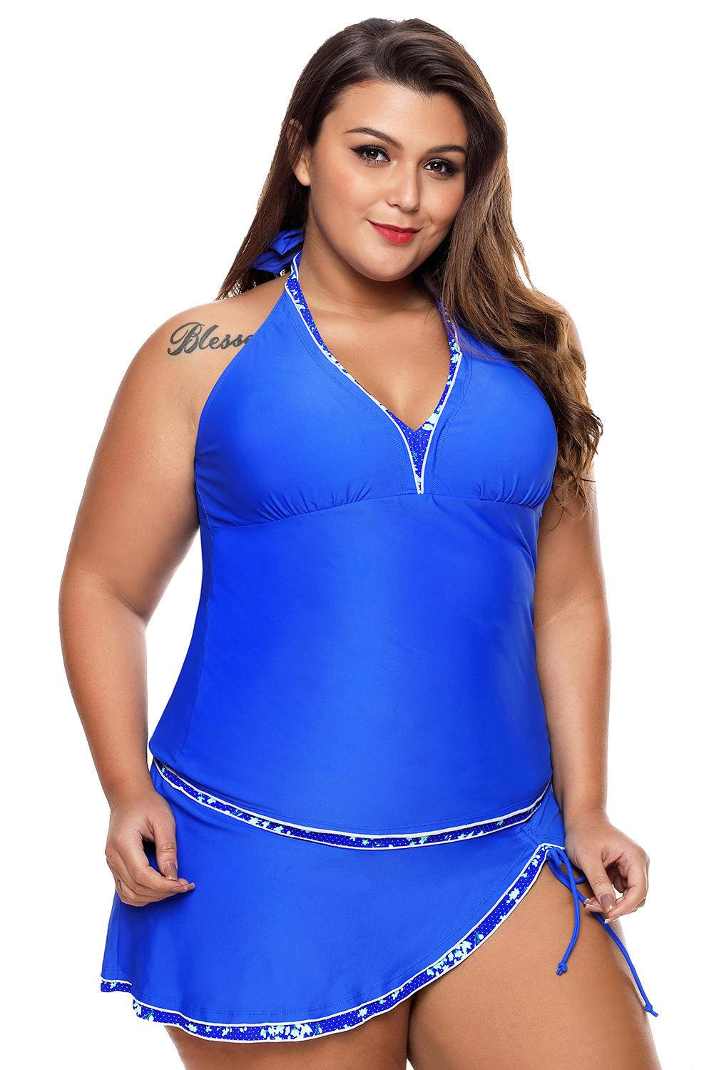 $10.07 Sky Blue Contrast Trim Tankini Top with Swimsuit Skirt Tankini ...