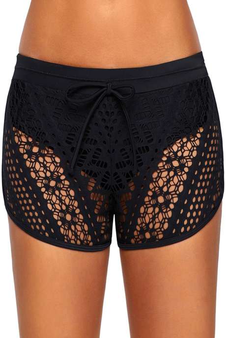 Black Hollow Out Lace Overlay zwemmen korte bodem