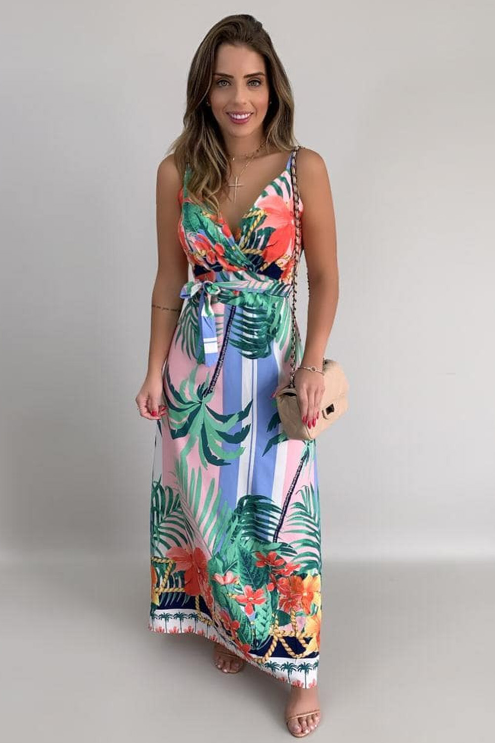 $8.9 Yellow Tropical Print Holiday Maxi Dress Wholesale