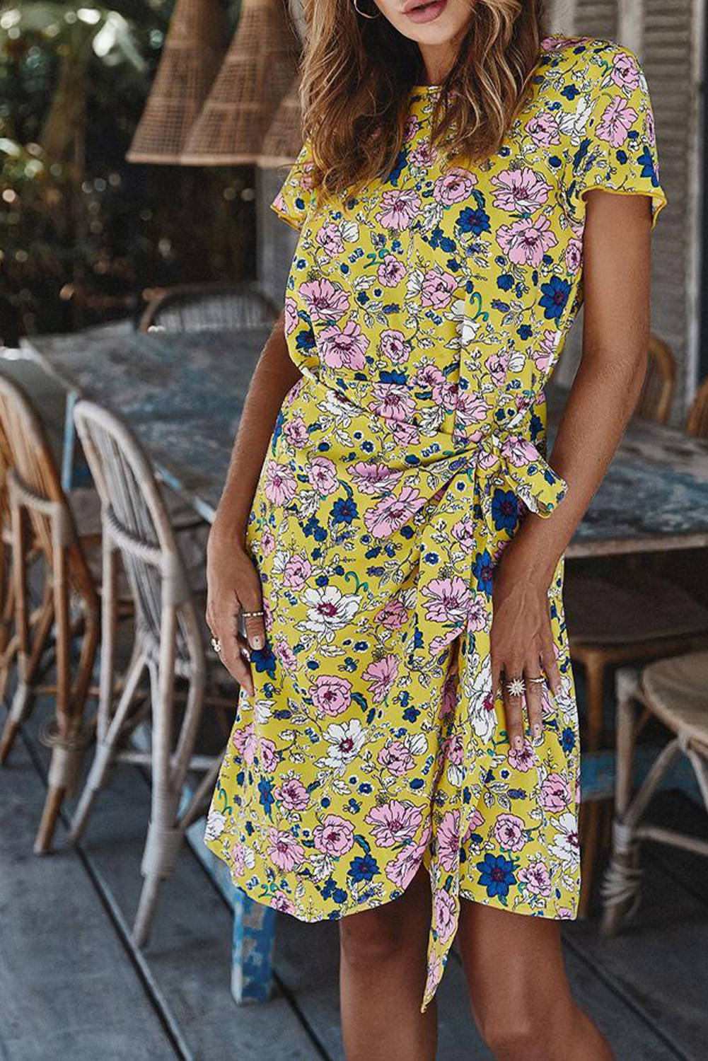 $7.9 Yellow Floral Wrap Dress Wholesale