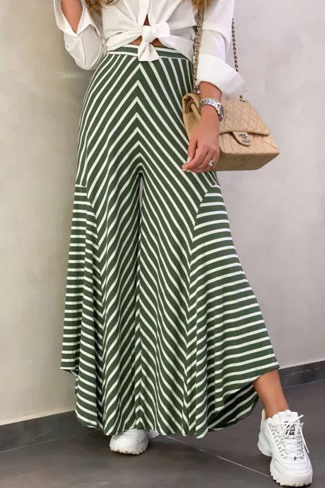 Army Green Chevron Stripes Kalhoty s vysokým pasem Flare Flare
