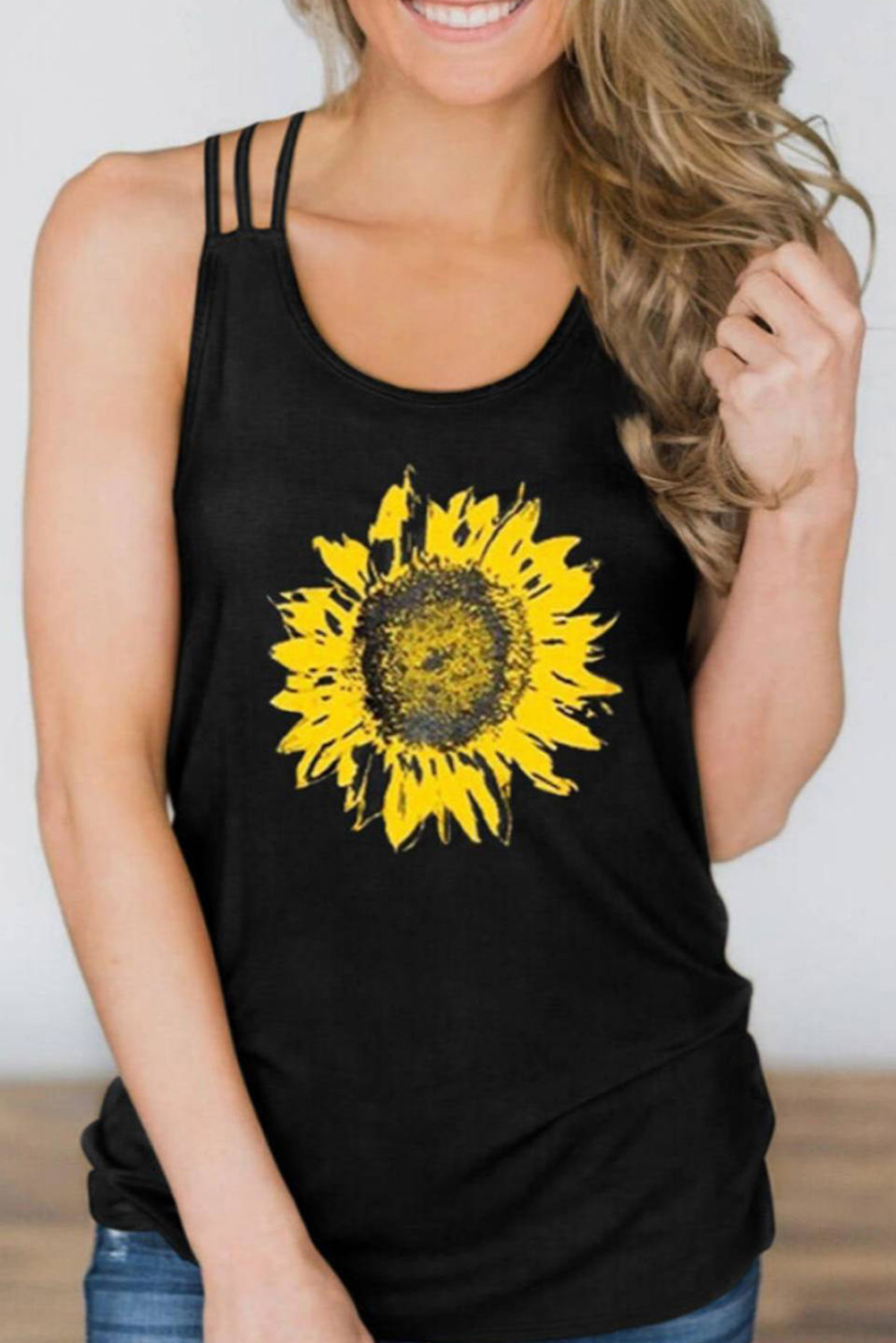 $3.94 Black Sunflower Criss-Cross Hollow Out Tank Wholesale