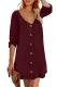 Wine V Neck Button Front Roll up Tab Sleeve Dress