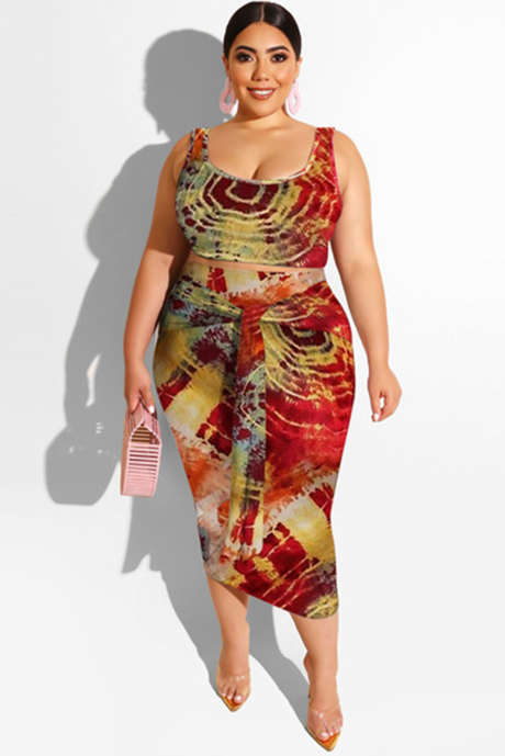 Eldröd Blå Orange Tie-dye U-hals Ärmlös Bodycon Plus Size midiklänning med bälte