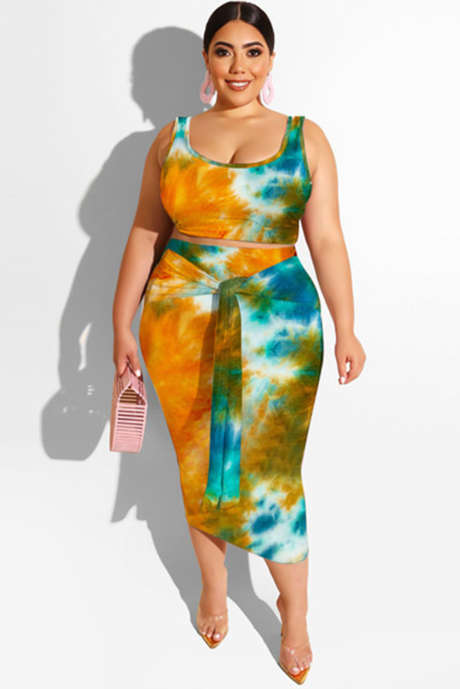 Grön Blå Orange Tie-dye U-hals Ärmlös Bodycon Plus Size Midiklänning med skärp