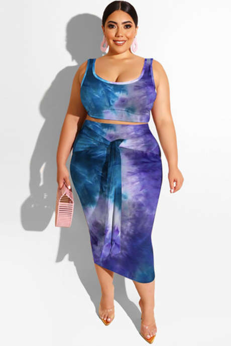Blå Blå Orange Tie-dye U-hals Ärmlös Bodycon Plus Size Midiklänning med skärp