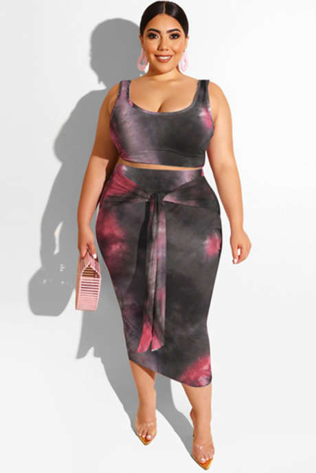 Svart Blå Orange Tie-dye U-hals Ärmlös Bodycon Plus Size Midiklänning med skärp