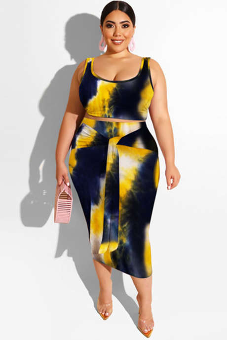Gul Blå Orange Tie-dye U-hals Ärmlös Bodycon Plus Size Midiklänning med skärp