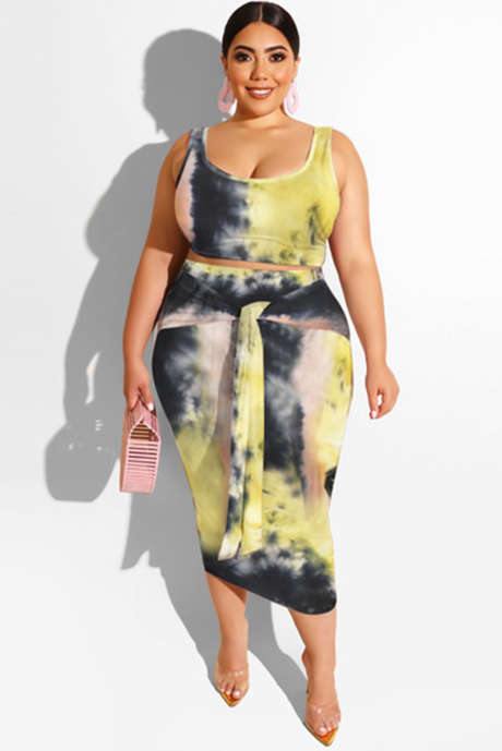 Gul Blå Orange Tie-dye U-hals Ärmlös Bodycon Plus Size Midiklänning med skärp