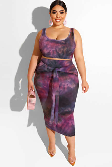 Grå Blå Orange Tie-dye U-hals Ärmlös Bodycon Plus Size Midiklänning med skärp