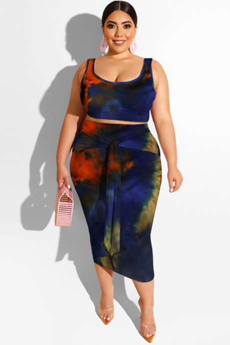 Blå Blå Orange Tie-dye U-hals Ärmlös Bodycon Plus Size Midiklänning med skärp