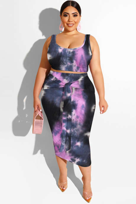 Musta Sininen Oranssi Tie-värjätty U-kaula-hihaton Bodycon Plus-koon Midi-mekko vyöllä