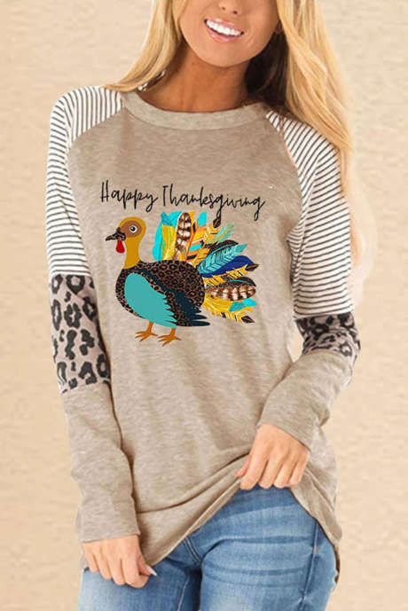 Haut kaki à manches longues avec imprimé léopard rayé et imprimé Thanksgiving