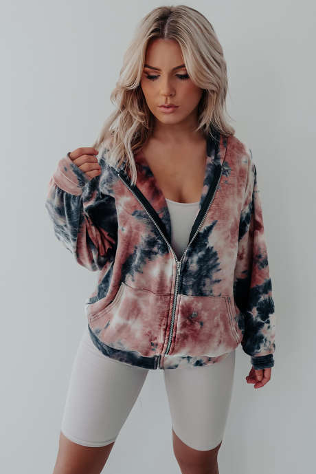 Multicolor Tie-dye Print Zip Front Huvjacka