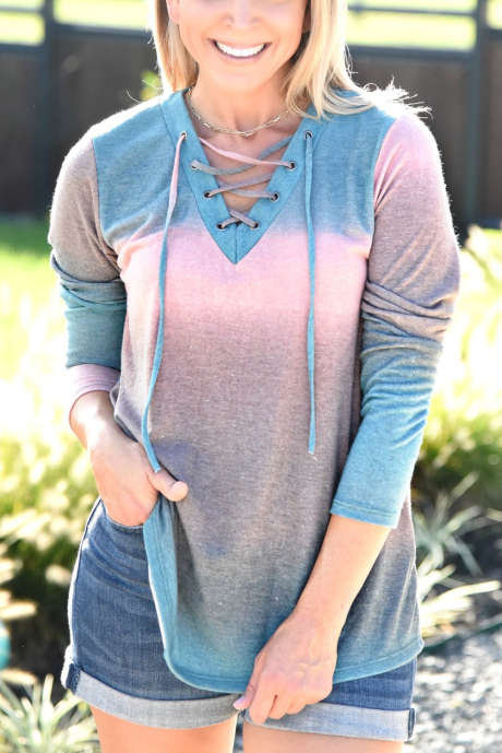 Flerfärgad Tie-dye Lace Up V-hals långärmad topp