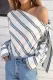 Blue Oblique Collar Long Sleeve Bowknot Stripes Blouse