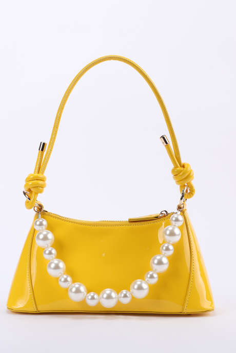 Yellow Patent Leather Shiny Large Pearl Women's Shoulder Bag