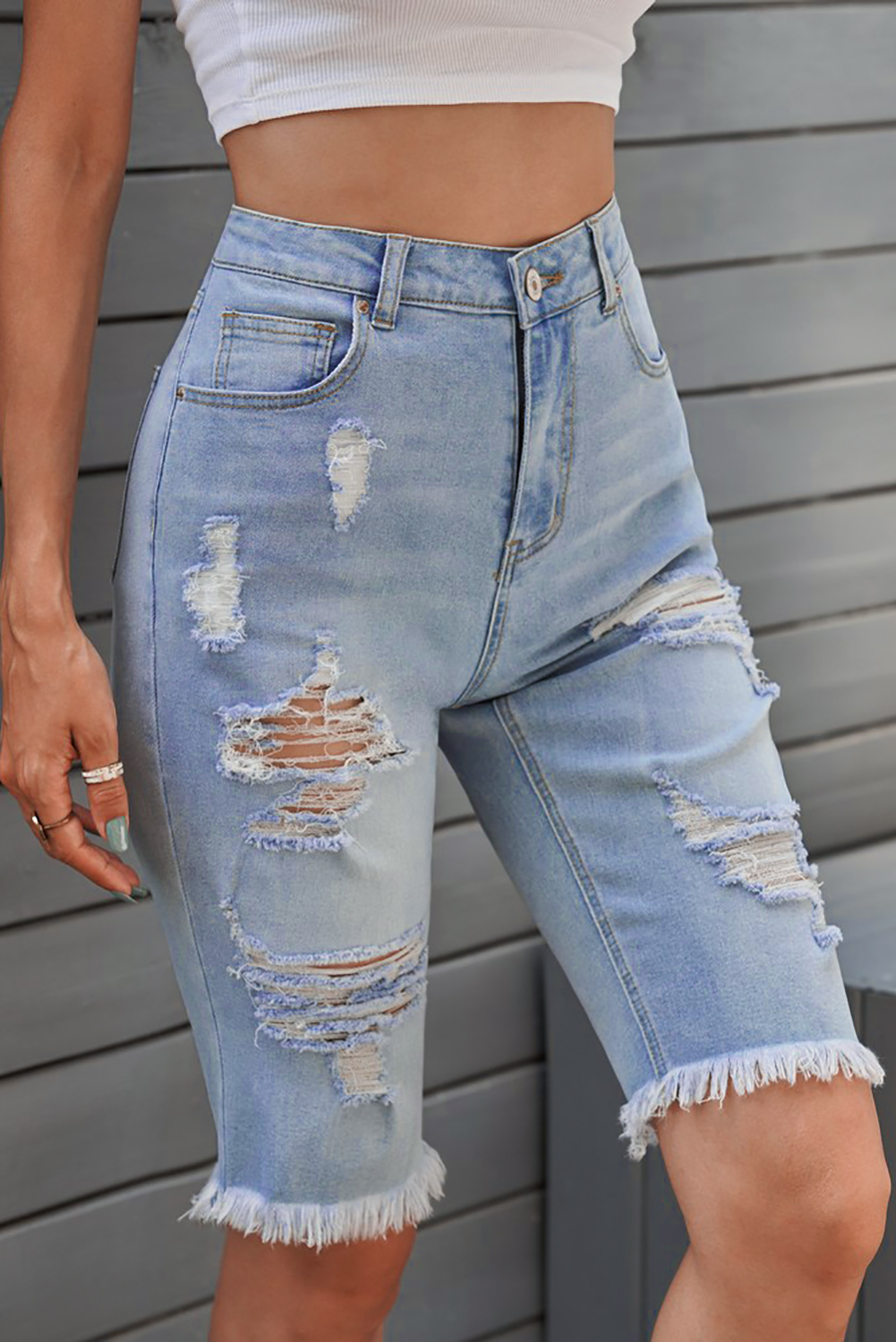 $9.1 Light Blue Distressed Denim Bermuda Shorts Wholesale