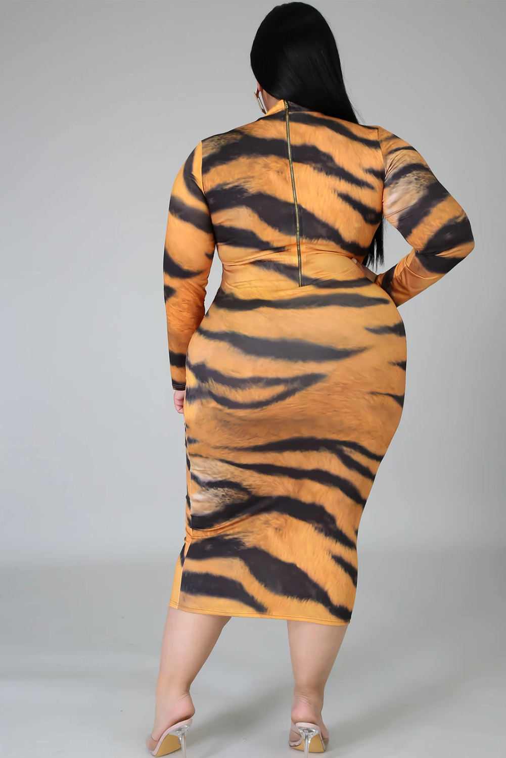 $9.9 Yellow Plus Size Tiger Print Mock Neck Long Sleeve Bodycon dress ...