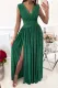 فستان ماكسي كروشيه أخضر بدون أكمام بياقة على شكل V وخصر مرتفع ومزين بكشكشة
